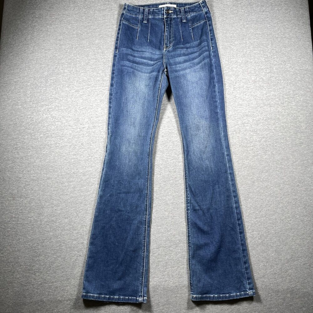 KanCan Jeans Womens 7/27 Blue Flared High Rise Slim Pleated Y2K Distressed
